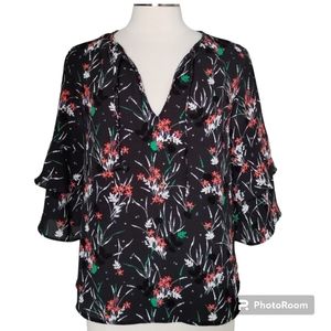 GAP Blouse Pull-Over 3/4 Ruffle Sleeve Black Floral Print